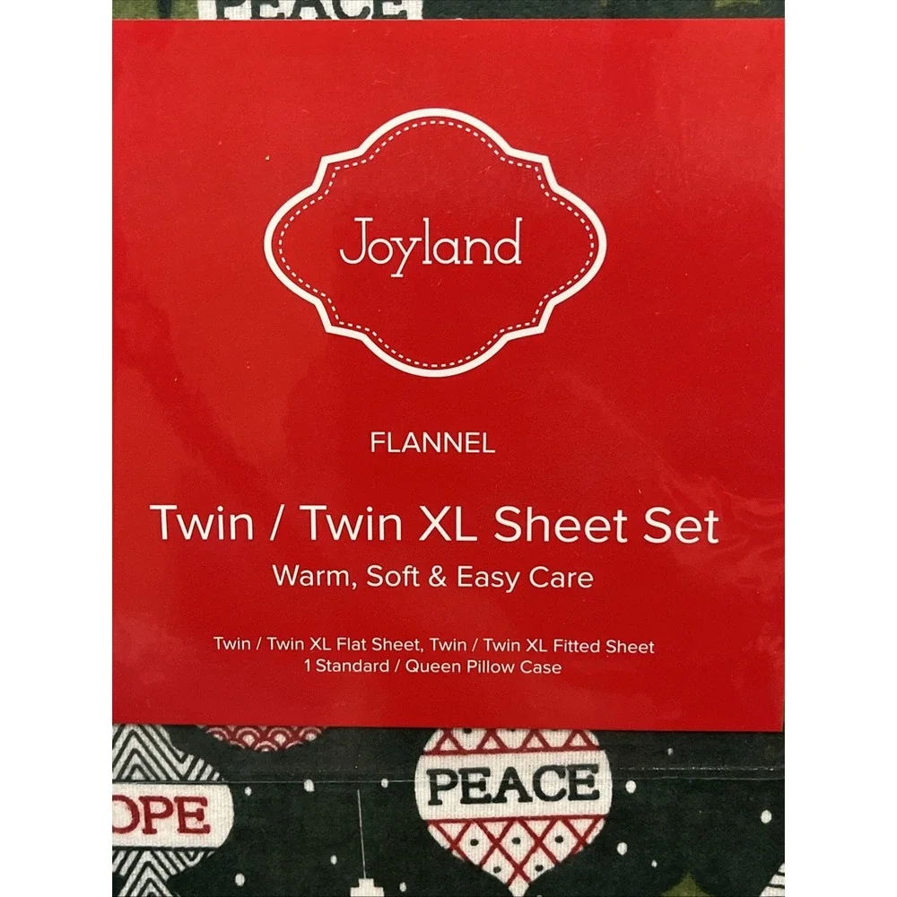 Joyland Flannel Twin/Twin XL Sheet Set Green Peace Joy Hope Christmas New
